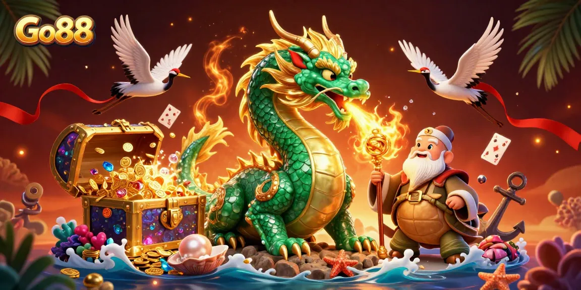 Explore thrilling Go88 casino adventures with a jade dragon and lucky cranes amidst vibrant treasures.