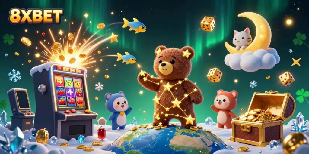 Experience the thrilling 8XBET online casino atmosphere with vibrant characters and dynamic slot visuals.