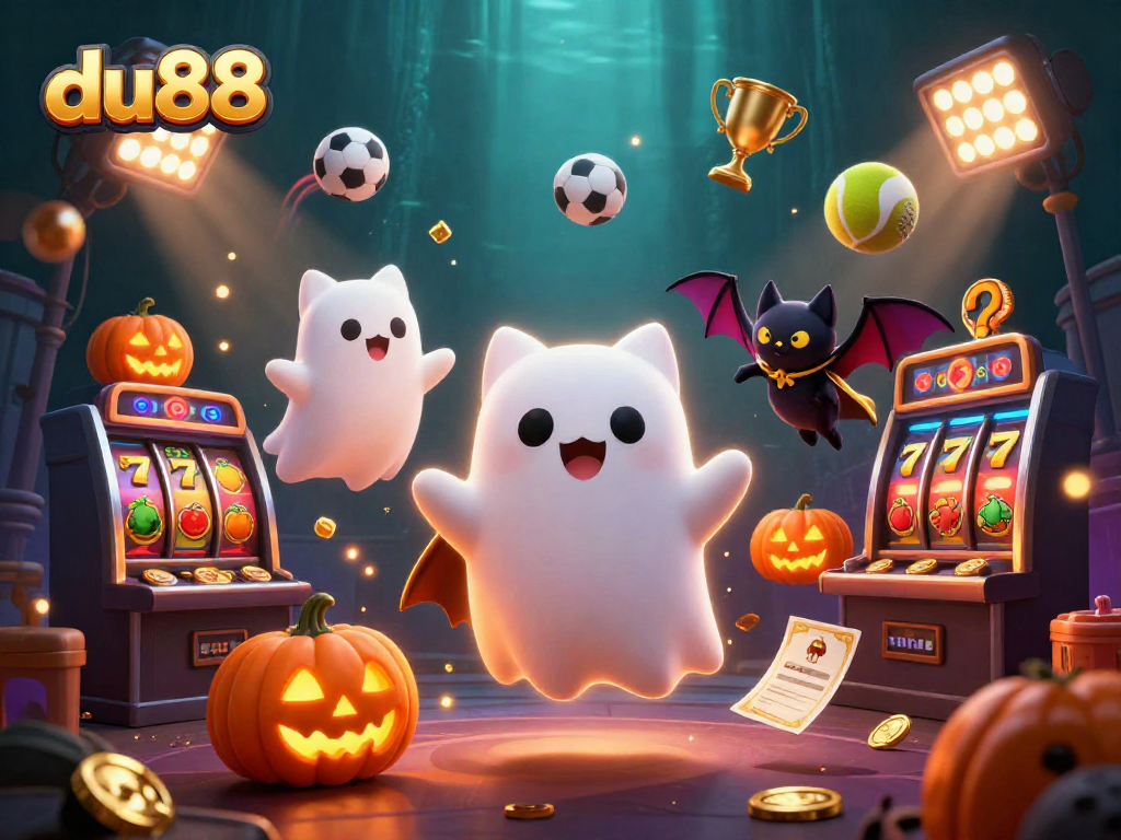 Experience the lively du88 scene with a ghost cat and sports elements filling the haunted casino.