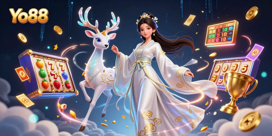 Win big at Yo88 with our vibrant 3D casino game illustration showcasing slots and jackpots.