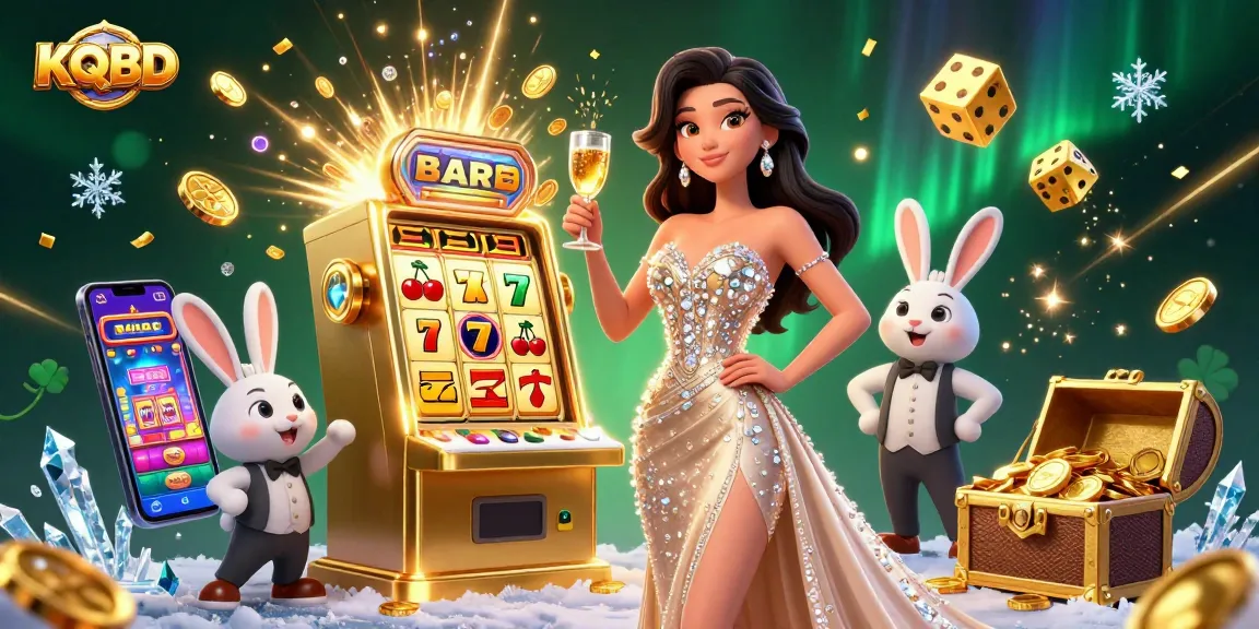 KQBD showcases a stunning woman celebrating beside a golden jackpot slot machine, highlighting a thrilling casino atmosphere.