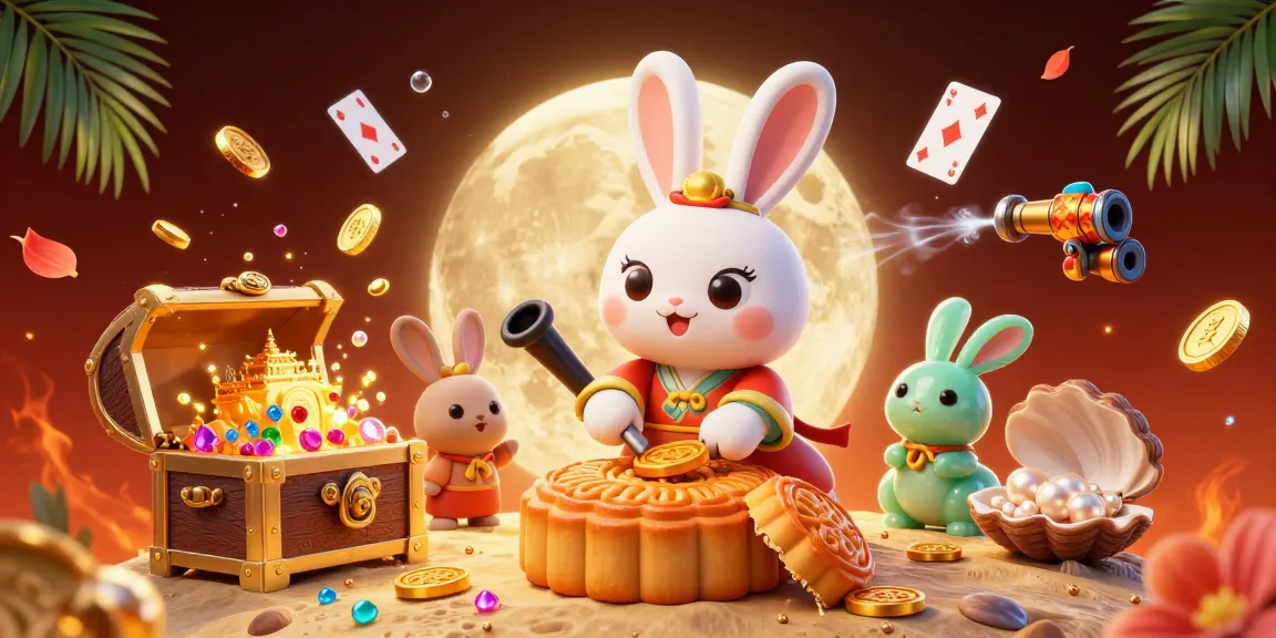 Engage in thrilling games at on68 com with a vibrant 3D illustration of a moon rabbit revealing poker chips.