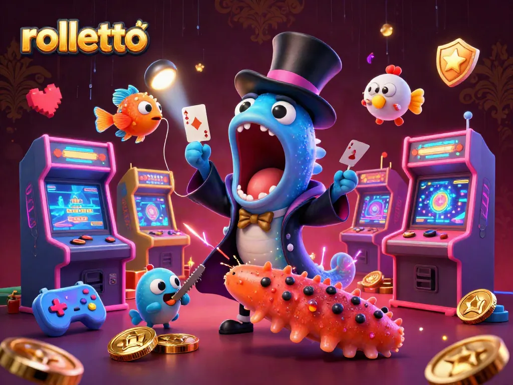 Experience rolletto casino action with colorful characters performing tricks and gaming elements in neon-lit glory.