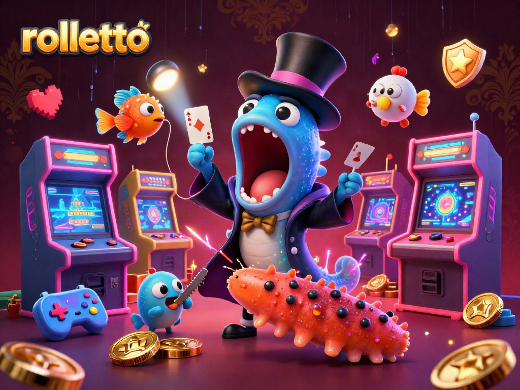 Experience rolletto casino action with colorful characters performing tricks and gaming elements in neon-lit glory.