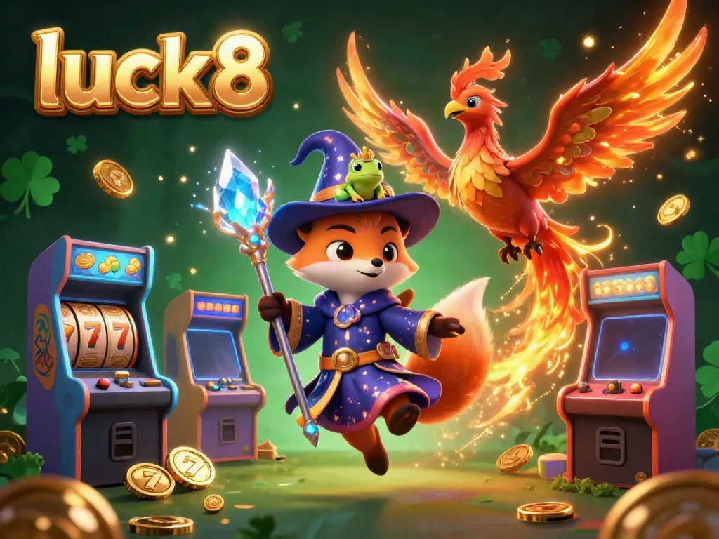 Experience the thrill of luck8 with a mystical wizard fox and phoenix in a vibrant casino scene.