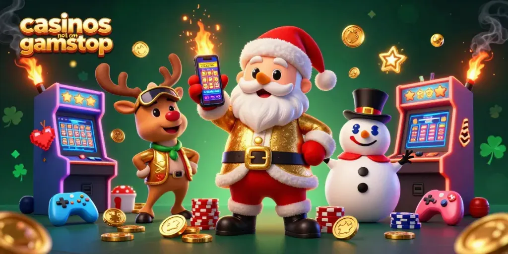 Play slots and enjoy vibrant casinos not on gamstop featuring Santa, his reindeer dealer, and a poker chip snowman.