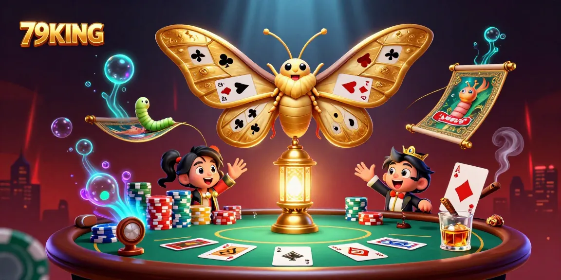 Engage with 79KING's vibrant casino scene featuring an atlas moth and competitive poker action.