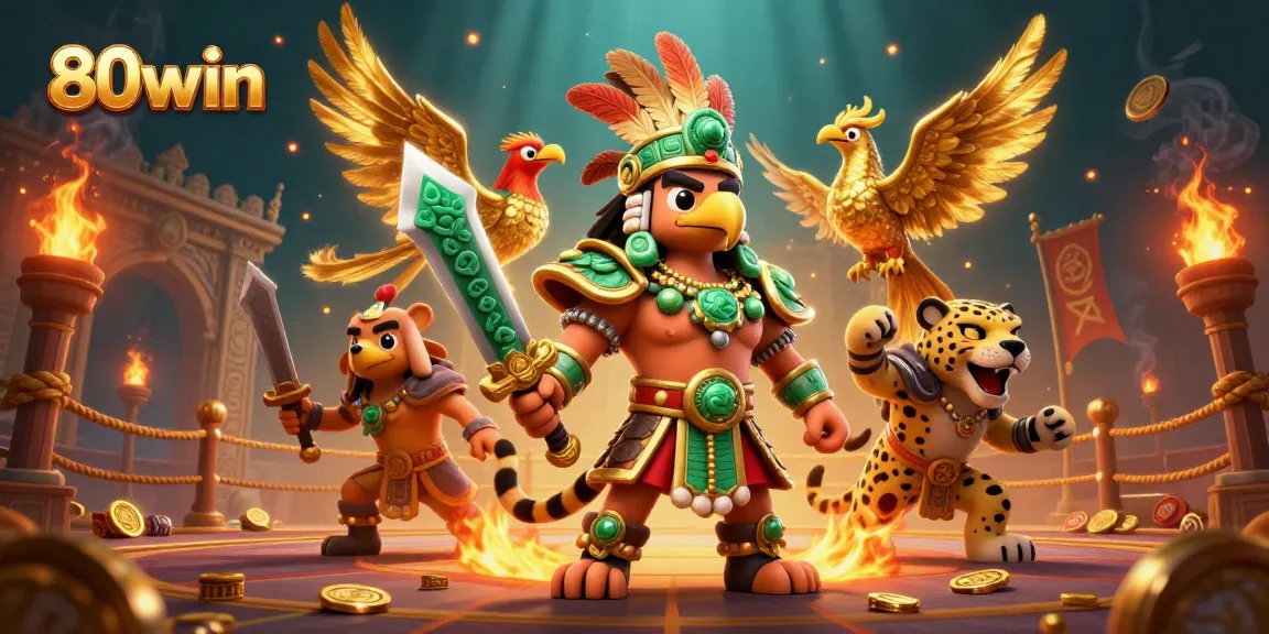 Experience high-stakes action with 80win's animated casino warriors amidst golden treasures and immersive gameplay.