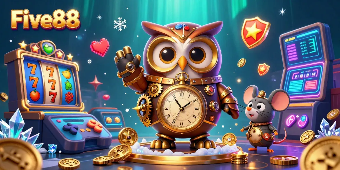 Experience thrilling gaming adventures with Five88's dynamic casino scene showcasing colorful slot reels and unique characters.