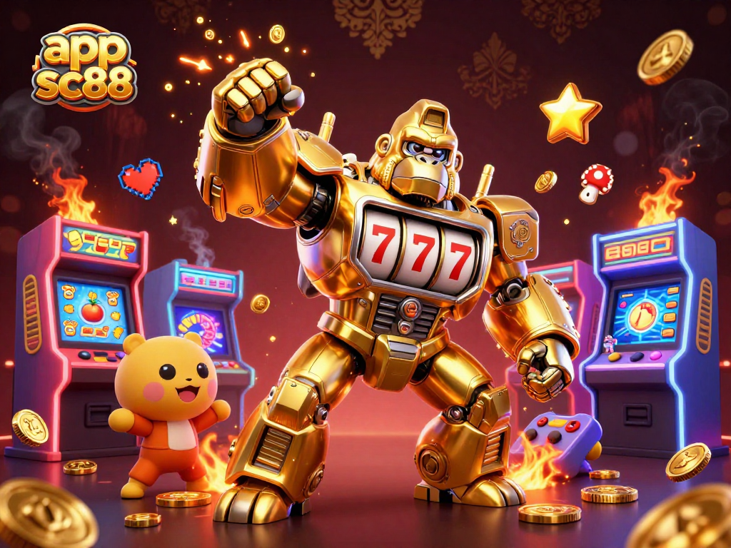 Engage with app sc88 in this energetic 3D casino illustration featuring a vibrant mech and classic game elements.