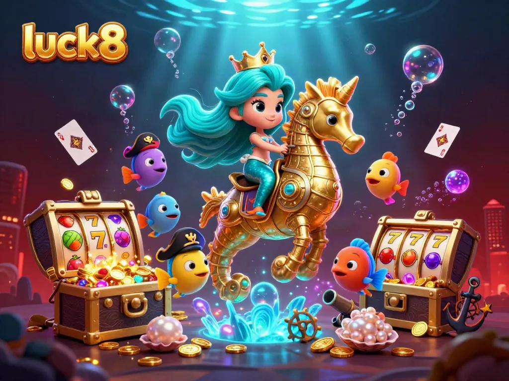Engage in luck8 adventures with a vibrant underwater scene featuring a mermaid and slot reels.