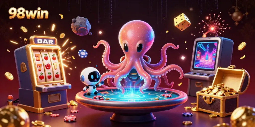 Hit the jackpot with 98win at a holographic poker table in a vibrant casino atmosphere!