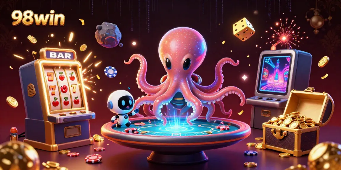 Hit the jackpot with 98win at a holographic poker table in a vibrant casino atmosphere!