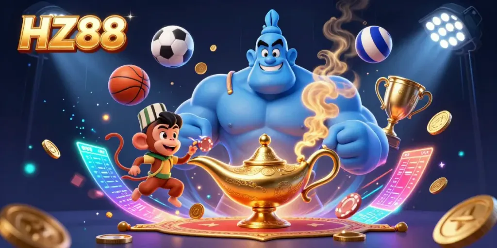 Experience the excitement of HZ88 with a vibrant 3D casino scene featuring a powerful genie, poker chips, and dynamic sports elements.