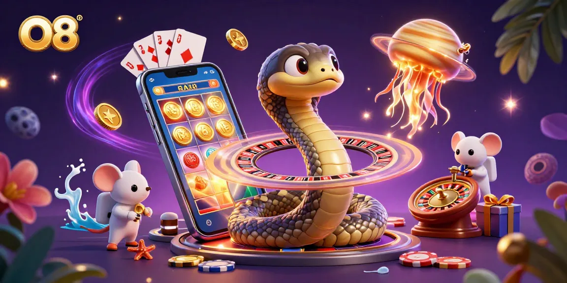 Experience thrilling bets at O8 with a vibrant casino scene featuring astronaut mice and interactive gaming elements.