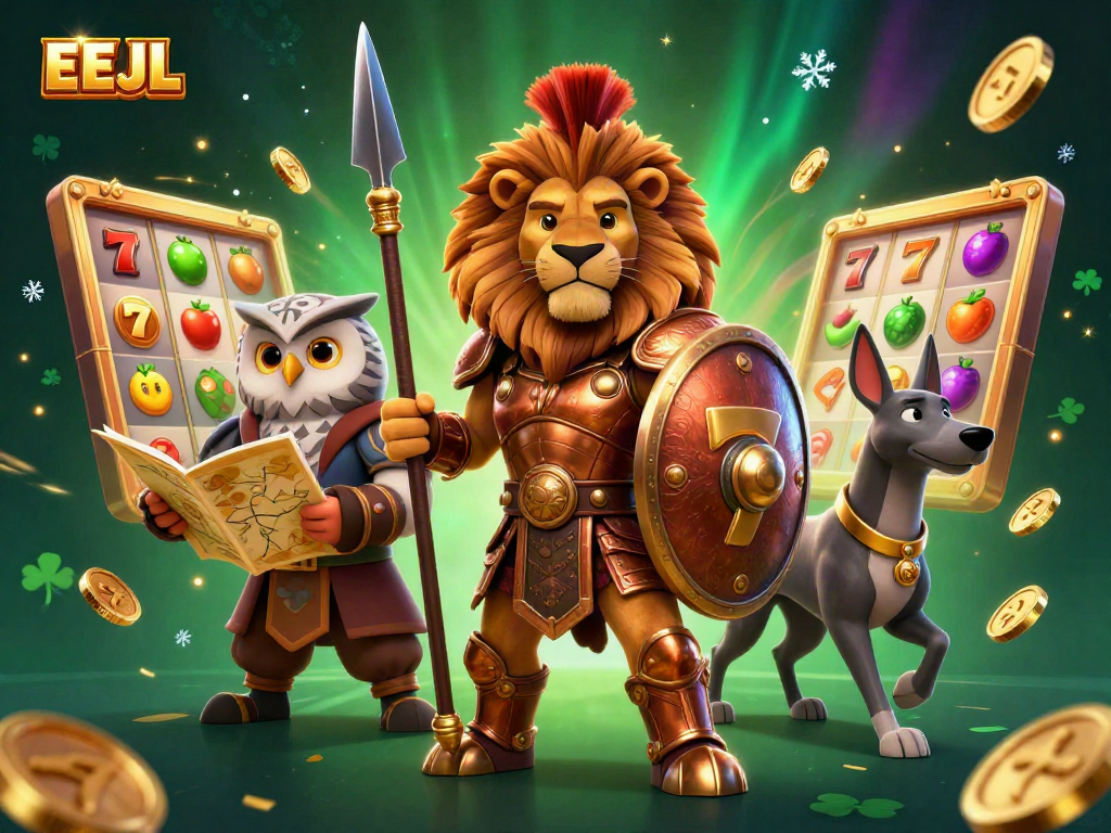 Experience ultimate casino excitement with EEJL featuring a Spartan lion, an owl, and a greyhound in dynamic casino action.