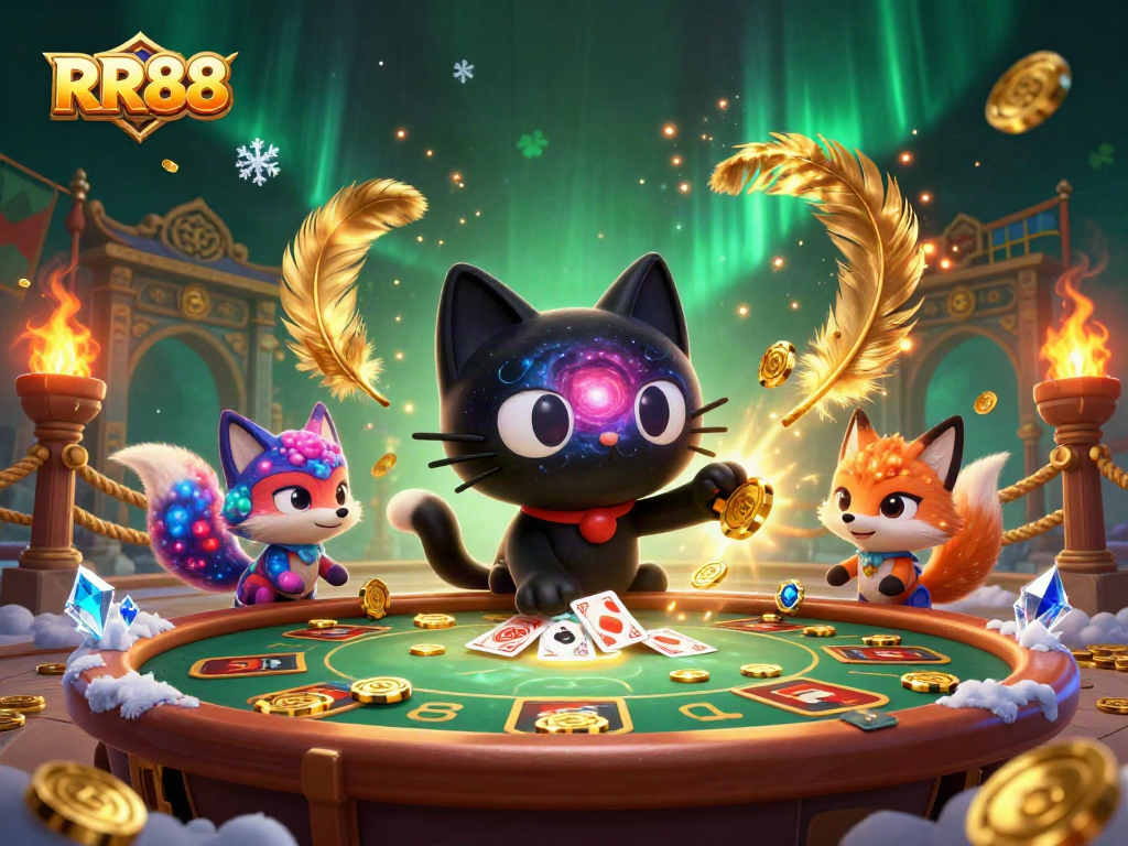 Experience thrilling gaming at RR88 with a cosmic cat and nebula fox in a vibrant casino