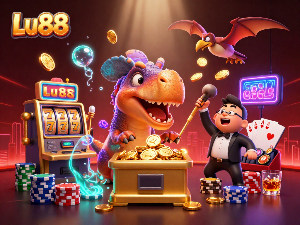 Lu88 showcases a dino-themed casino scene with a grabbing jackpot slot machine and colorful chip stacks.