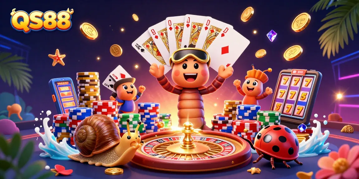 Experience the excitement at QS88 Casino with a dynamic 3D illustration of a millipede dealer and exciting gaming elements.