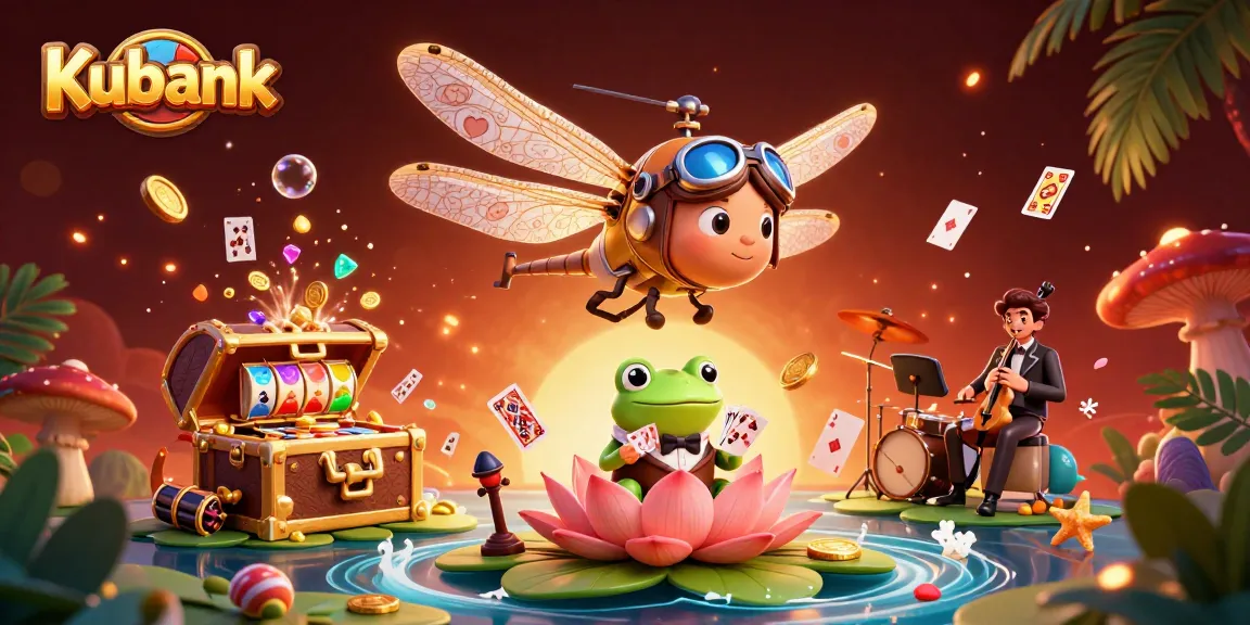 Kubank offers thrilling gaming excitement with a frog croupier dealing cards at a vibrant lily pad casino
