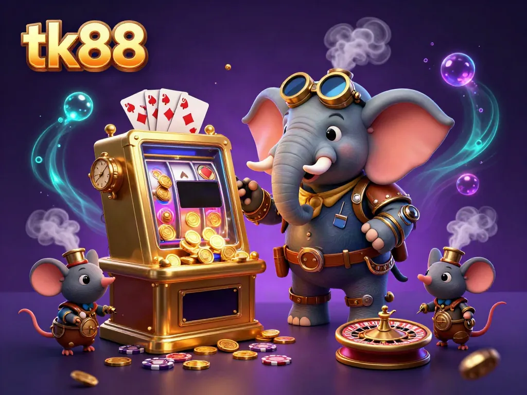 Experience exciting slot action with tk88 featuring a vibrant 3D steampunk elephant and gaming elements.
