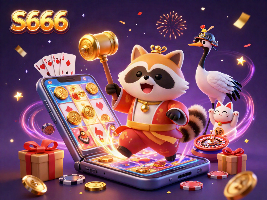 S666 casino scene with a cheerful tanuki, a crane, and colorful maneki-neko fortune cats celebrating wealth through slots and rewards.