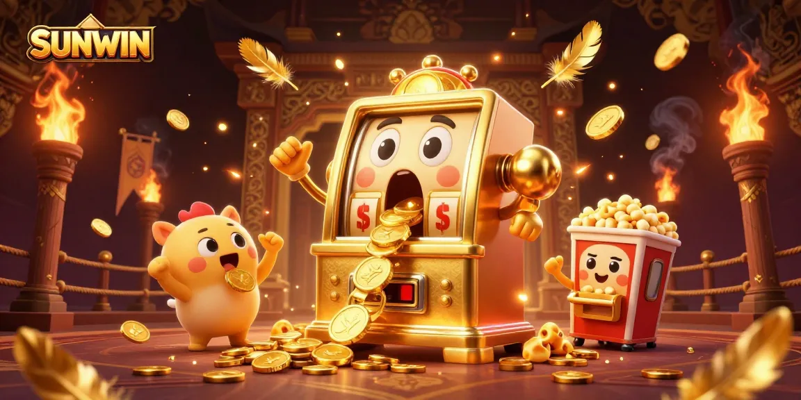 SUNWIN golden slot machine hits jackpot with coins pouring out, celebrating amidst vibrant gaming atmosphere