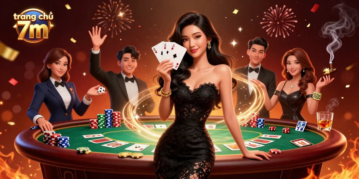 Experience the thrill of wins at trang chủ 7m, featuring elegant Asian woman holding playing cards among casino elements.