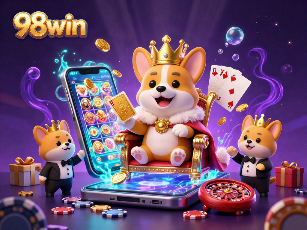 Engage in thrilling gameplay with 98win's vibrant casino scene featuring a royal corgi and a cat butler.