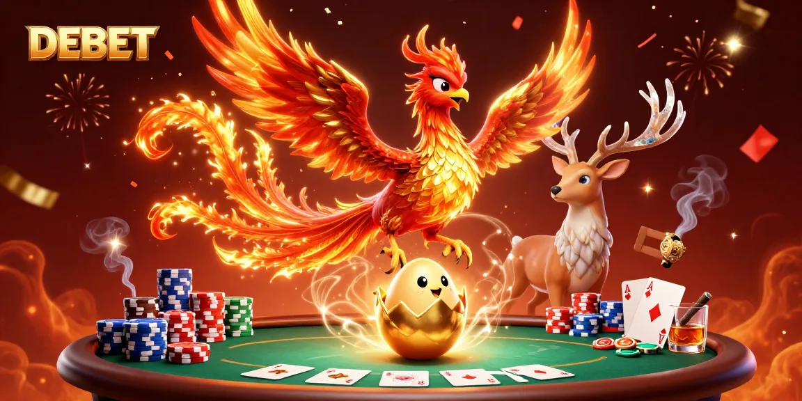 Experience DEBET's thrilling casino atmosphere with a phoenix, poker elements, and festive energy.