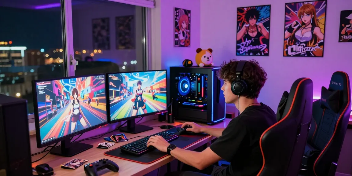 Engaged gamer playing real ecchi games in a vibrant gaming room atmosphere.