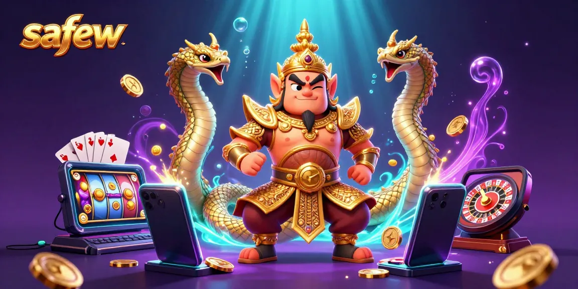 Experience the excitement of gambling with safew in this vibrant 3D casino scene featuring slot games, coins, and playful characters.