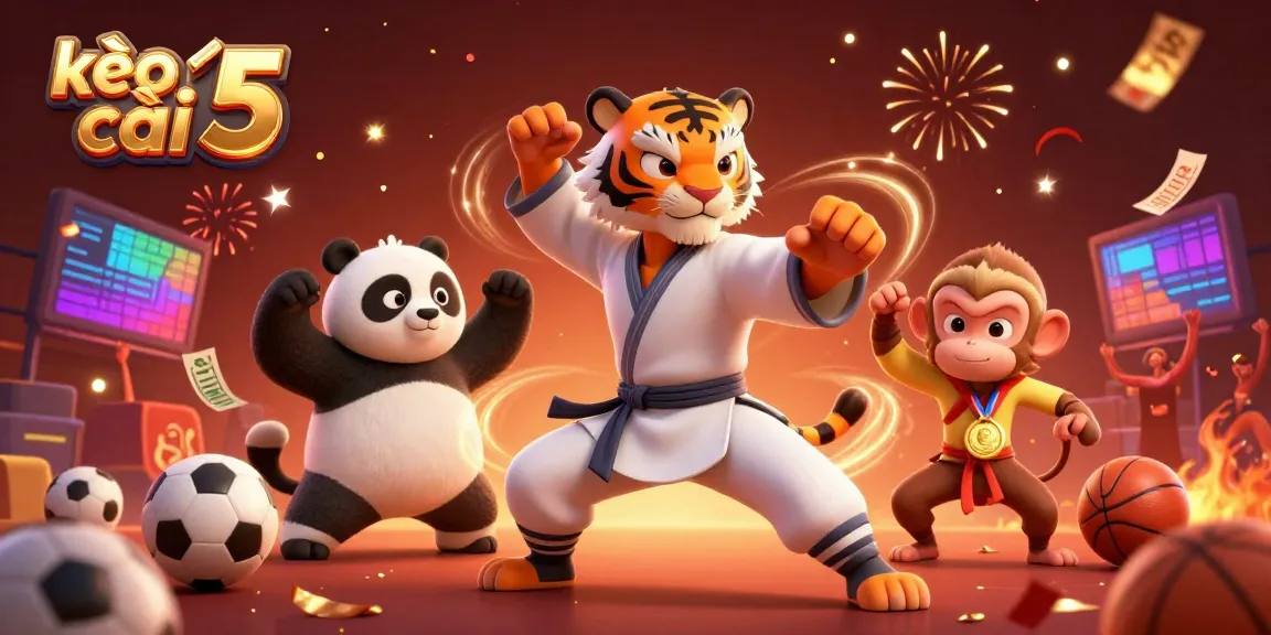 Explore kèo nhà cái 5 with a kung fu tiger master and friends engaged in exciting sports betting action.