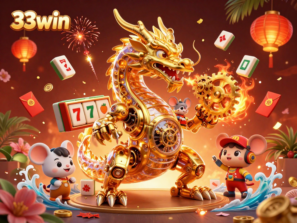 Experience thrilling gaming with the 33win dragon breathing golden gears in a vibrant casino scene.