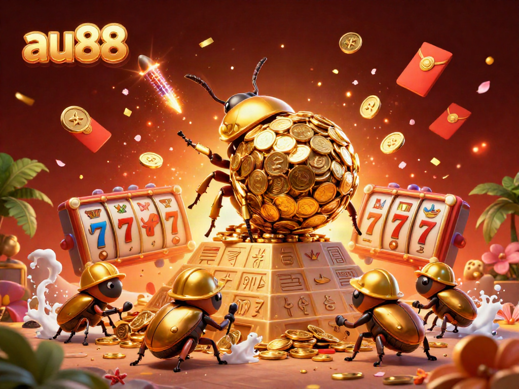 Experience the thrilling excitement of au88 with golden dung beetles and casino elements in this vibrant 3D scene.