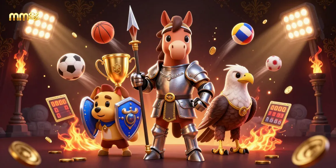 Engage with mm88 through an energetic 3D gambling illustration featuring knights, sports, and gaming elements.