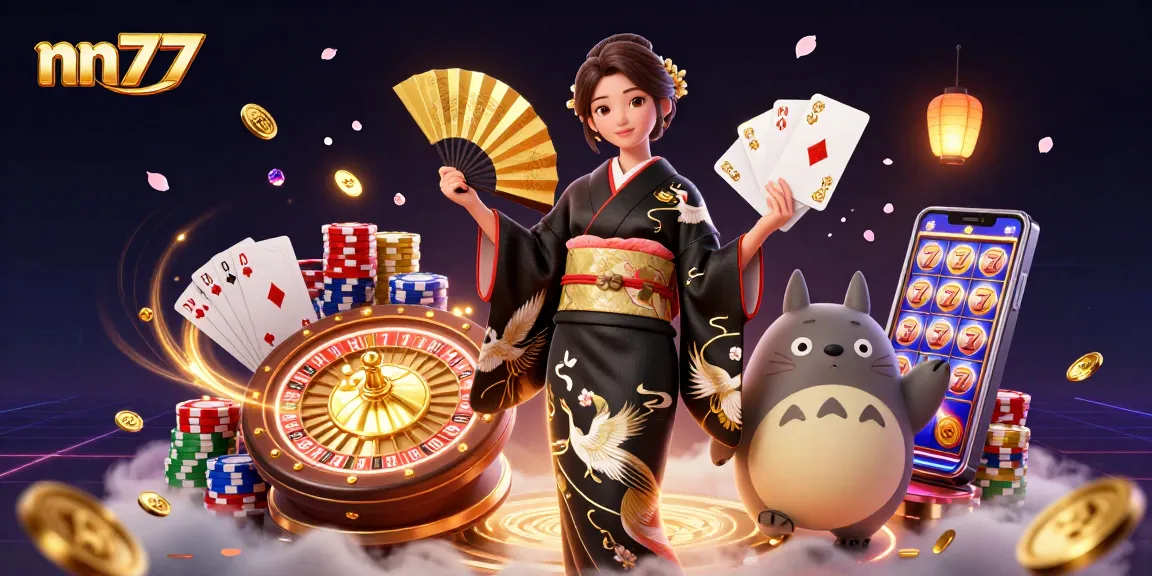 Experience winnings at nn777 with a dynamic casino scene featuring an elegant woman, tanuki, and floating elements.