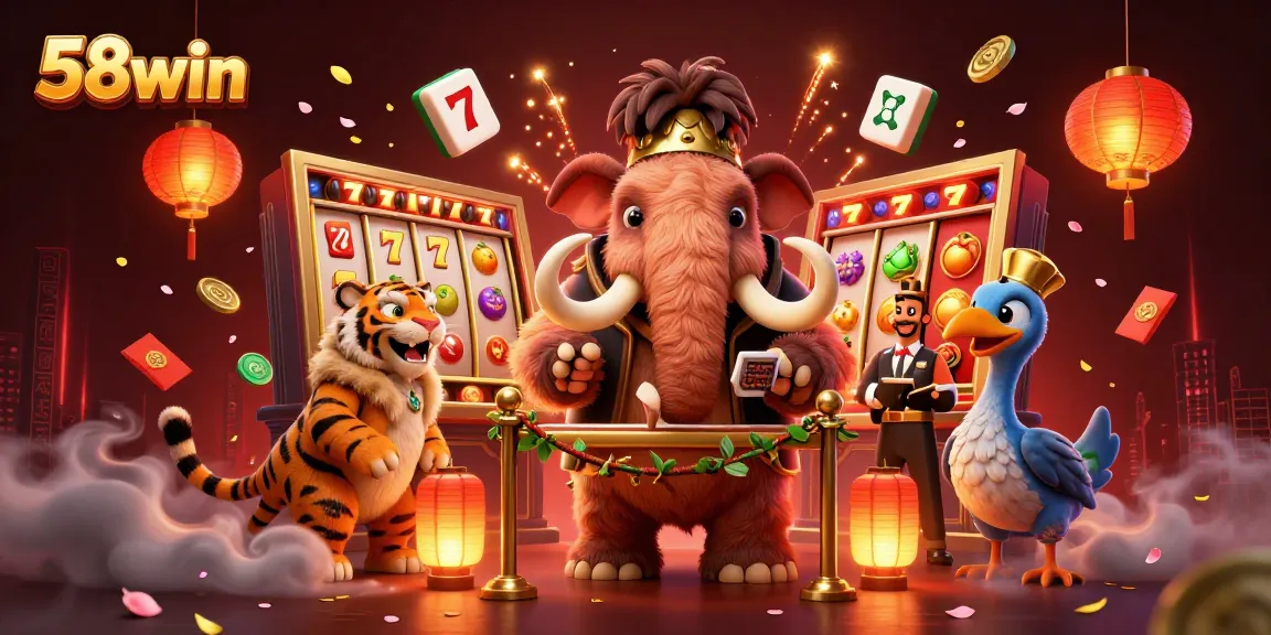 Bet on 58win with vibrant characters, slot reels, and festive decorations in this engaging casino scene.