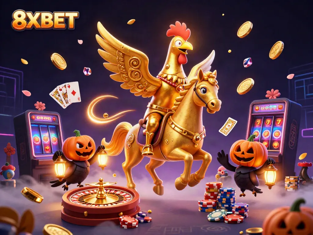 Join the excitement at 8XBET with a vibrant casino scene featuring animated characters and jackpot elements.
