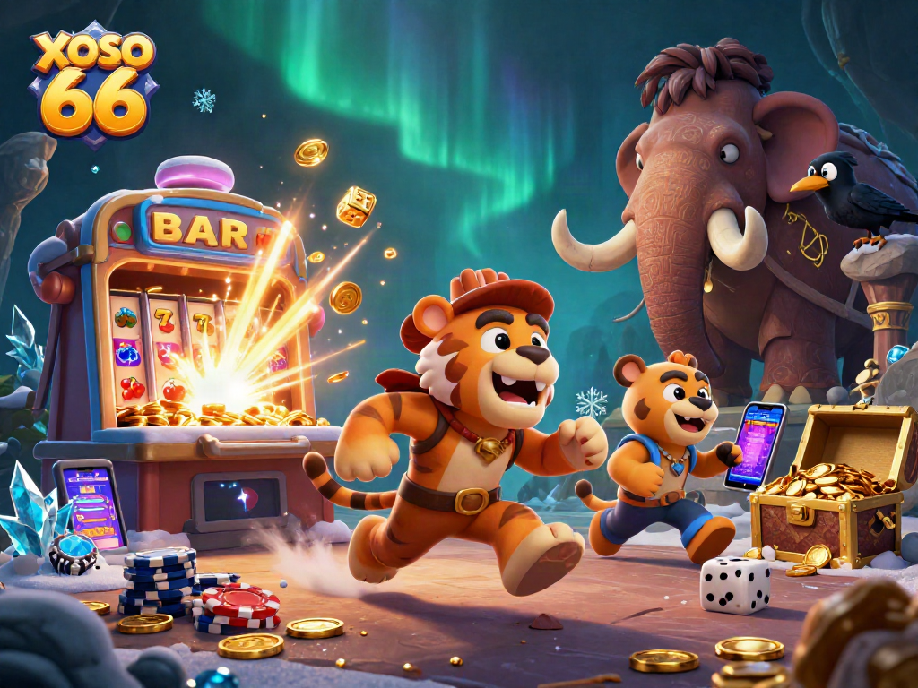 XOSO 66 players immerse in exciting slot adventures amid dazzling prehistoric casino scene.