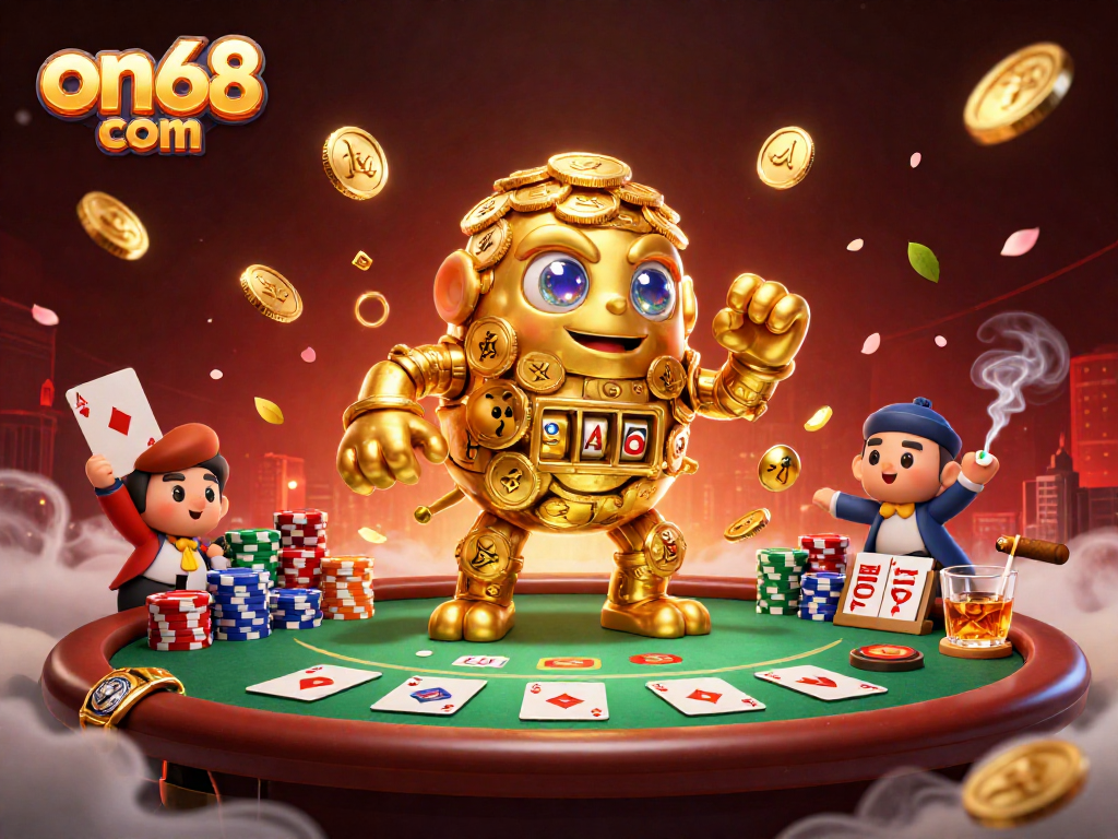 Experience excitement at on68 com with dynamic poker scenes featuring a golden golem, blackjack, and colorful chips.