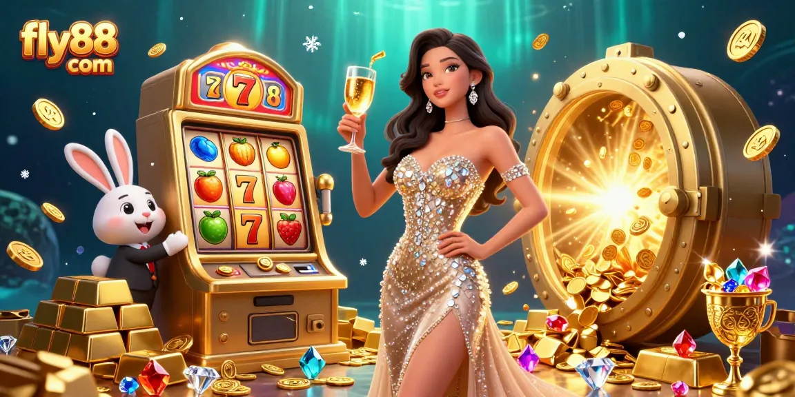 Engage in exciting gambling at fly88 com, featuring a luxurious jackpot slot machine and enchanting characters.