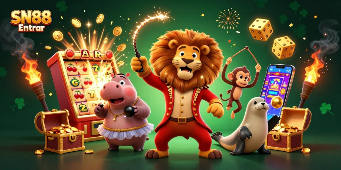 Play slots and win prizes with SN88 Entrar, featuring vibrant casino characters and exciting game elements.