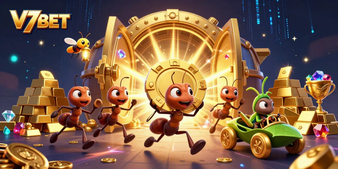 V7BET showcases a thrilling 3D illustration of animated ants heisting a giant poker chip in a vibrant casino scene.