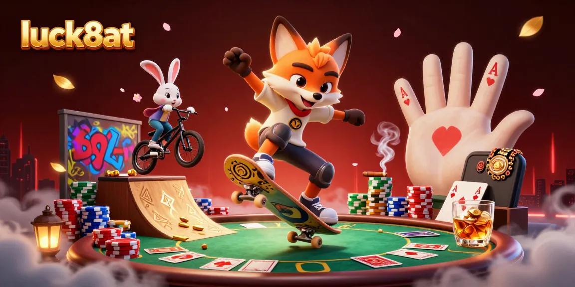 Experience an action-packed scene with luck8at featuring a fox and rabbit performing stunts over poker chips.
