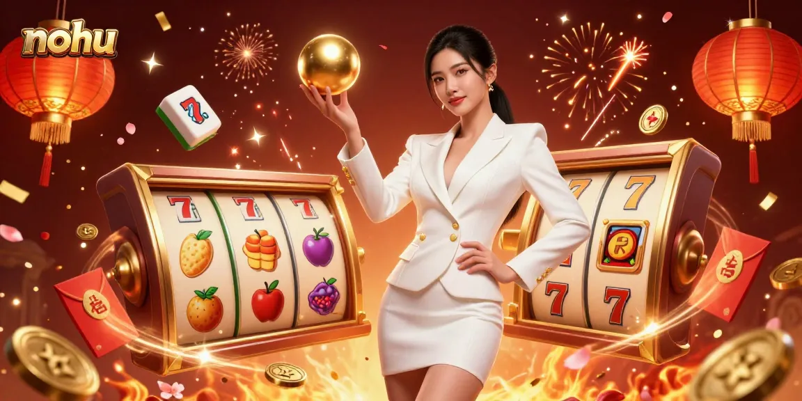 Nohus jackpot celebration scene with a confident Asian woman in a tuxedo, spinning roulette.