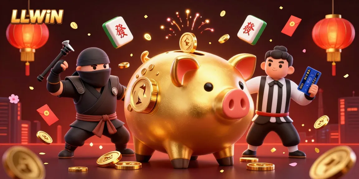 LLWIN summons excitement as a golden piggy bank sumo wrestler shakes coins in a vibrant casino scene.