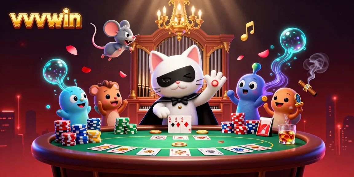 Play and win big with vvvwin at an ornate casino featuring animated characters and engaging game elements.