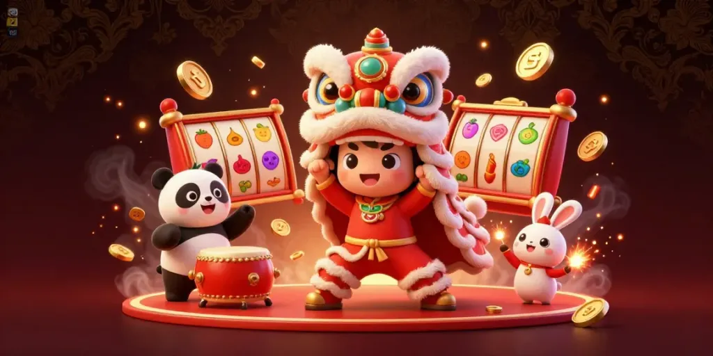 Experience the thrill of NOHU's casino with vibrant characters dancing amid spinning slot reels and jackpots.