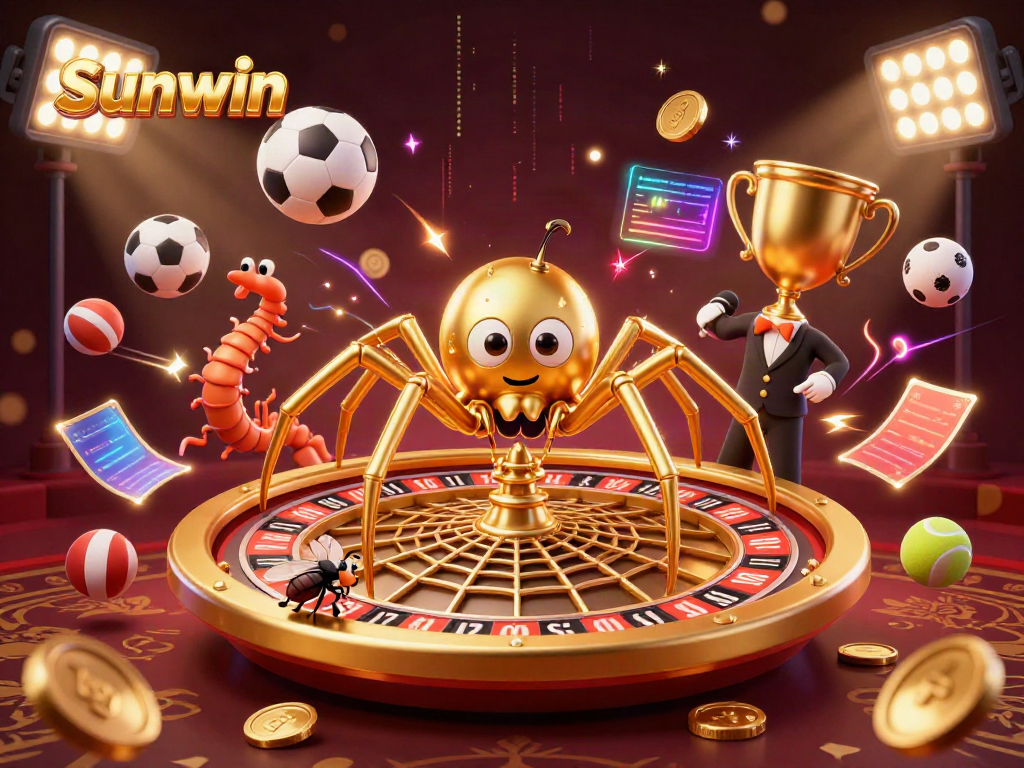 Experience Sunwin with a vibrant 3D illustration of a spider and croupier in a casino scene.